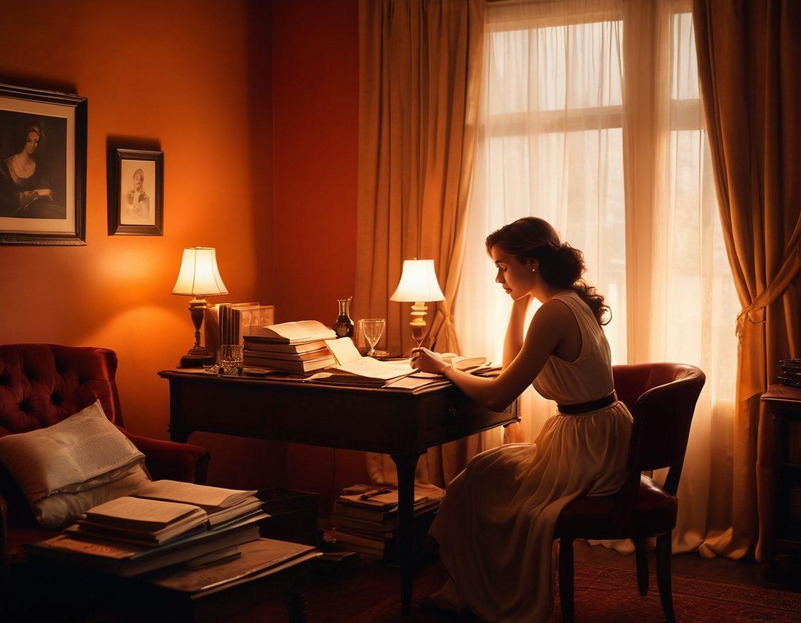 A sultry and inviting scene featuring a woman sitting at a vintage writing desk, surrounded by soft candlelight, with flowing curtains that softly move with a gentle breeze. Books stacked high, a notebook opened with handwritten notes, and a glass of red wine nearby, capturing the essence of creativity and empowerment. The ambiance conveys warmth and intimacy, inviting viewers into the world of provocative storytelling. super-realistic. warm colors. soft focus.