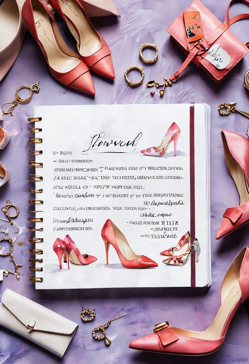 A stylish adult diary opened with elegant handwriting, surrounded by fashionable items like high heels, jewelry, and a chic handbag. The background features a blurred runway with models showcasing trendy outfits, symbolizing the blend of desire and fashion. Soft, warm lighting enhances the inviting atmosphere of this lifestyle theme. watercolor texture. vibrant colors. elegantly arranged.