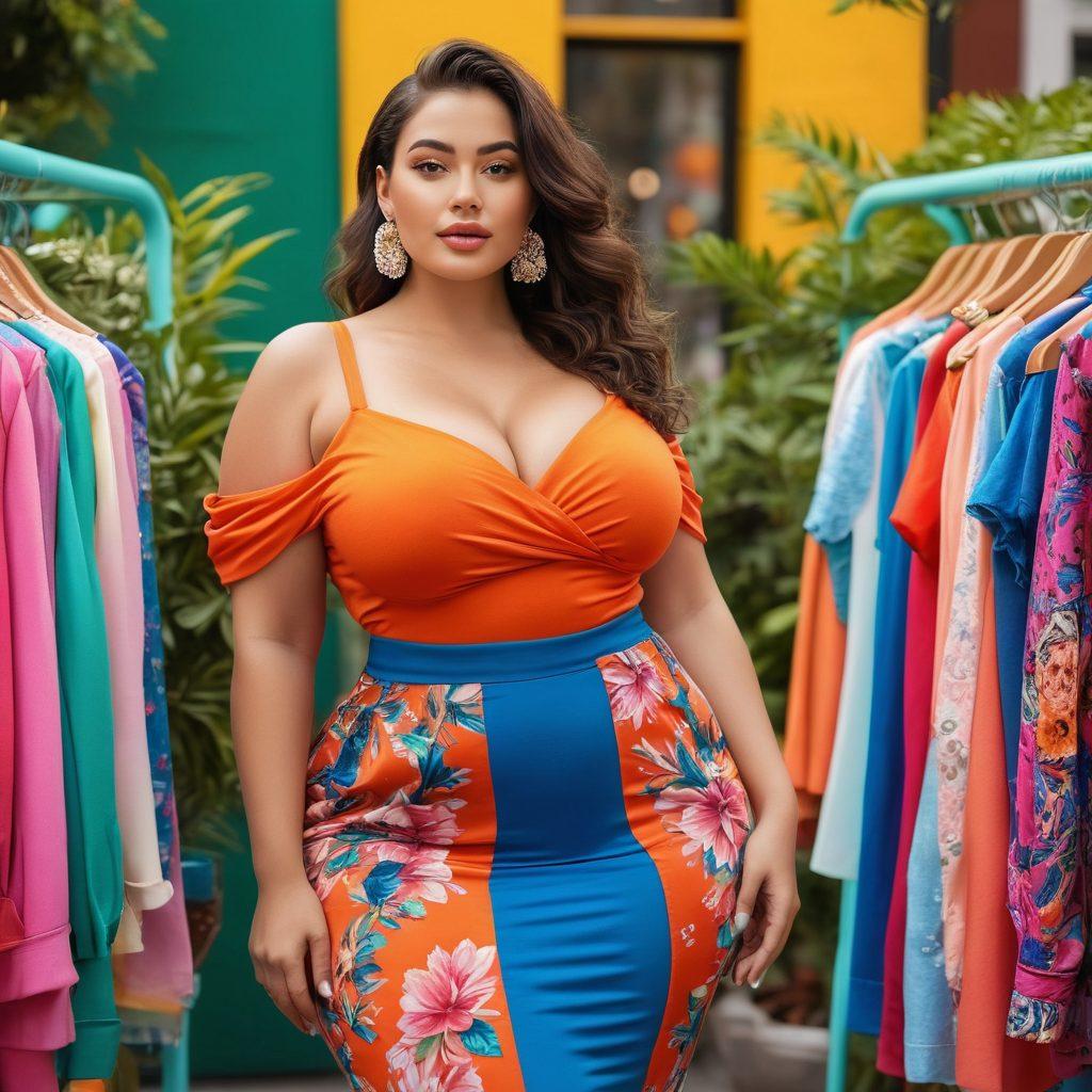 A stylish fashionista with big breasts showcasing a curvy, vibrant outfit in a chic urban setting, surrounded by colorful clothing racks and eye-catching accessories. The background features a sunlit street with flowers and lush greenery, symbolizing body positivity and confidence. Elegant poses and playful expressions emphasize empowerment and self-love. super-realistic. vibrant colors. urban background.